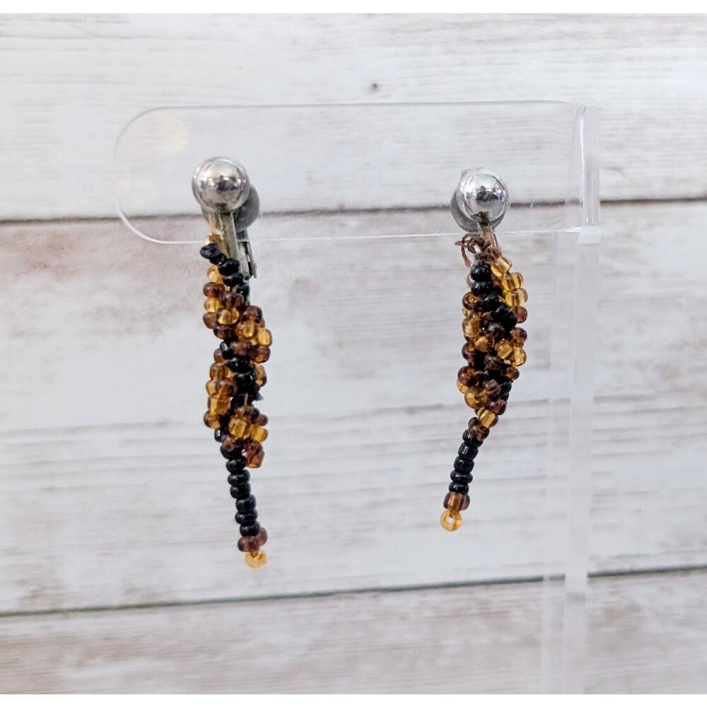 Vintage Clip On Earrings Beaded Dangle Amber Tones & Black